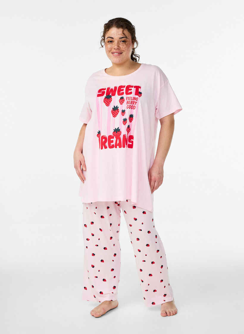 Natbukser i bl&oslash;d jersey med h&oslash;j talje og frugtprint, Lyser&oslash;d, Model image number 0