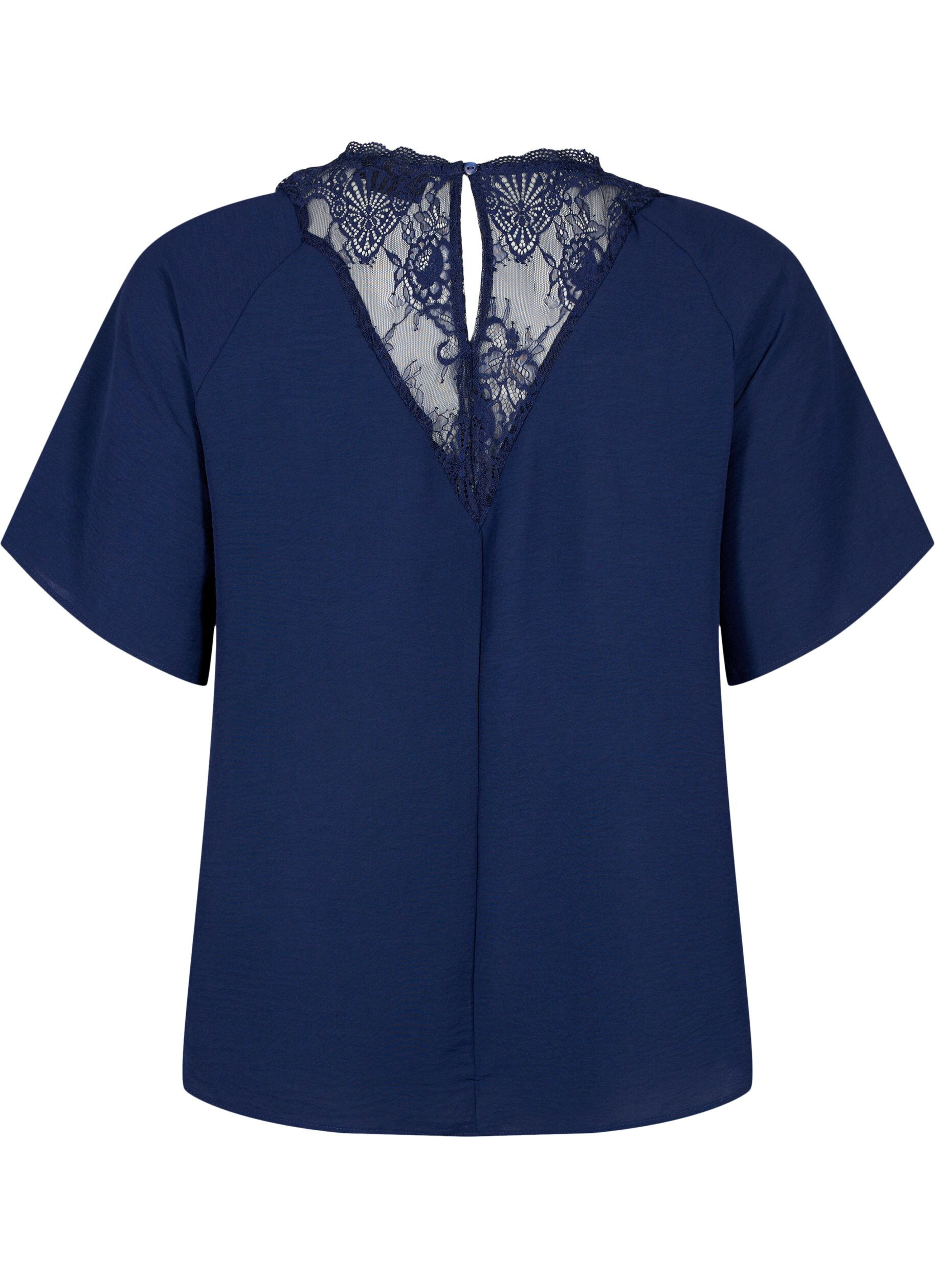 Zizzi Bluse med korte &aelig;rmer og blonder, Navy Blazer, Packshot image number 1