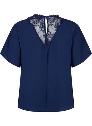 Bluse med korte ærmer og blonder, Navy Blazer, Packshot image number 1