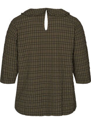 Ternet bluse med 3/4 ærmer og flæsekrave, Ivy Green Check, Packshot image number 1