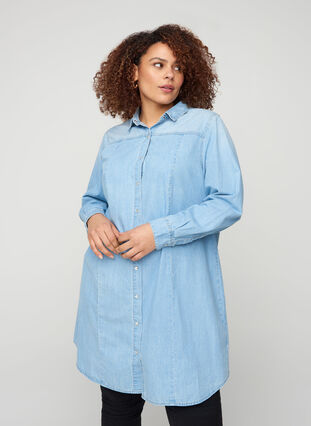 Lang denimskjorte i bomuld, Light blue denim, Model image number 0