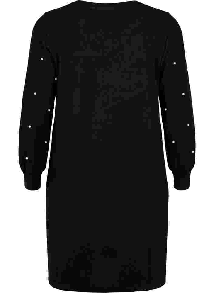 Langærmet kjole med perledetaljer, Black, Packshot image number 1