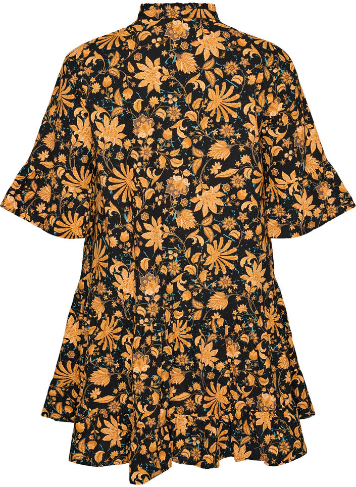 Blomstret bomuldskjole med fl&aelig;sedetaljer og l&oslash;s A-form, Orange, Packshot image number 1