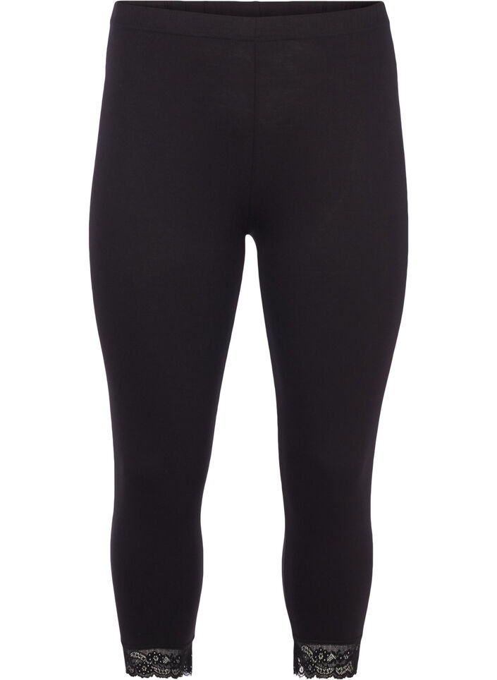 Basis 3/4 leggings med blondekant, Black, Packshot image number 0
