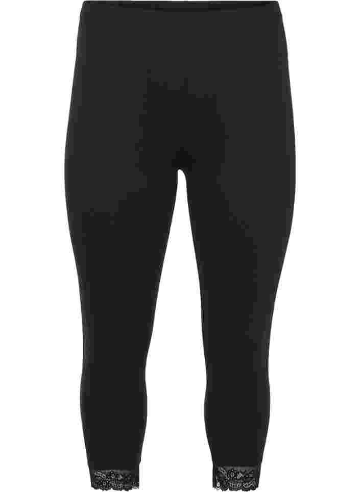 Basis 3/4 leggings med blondekant, Black, Packshot image number 0