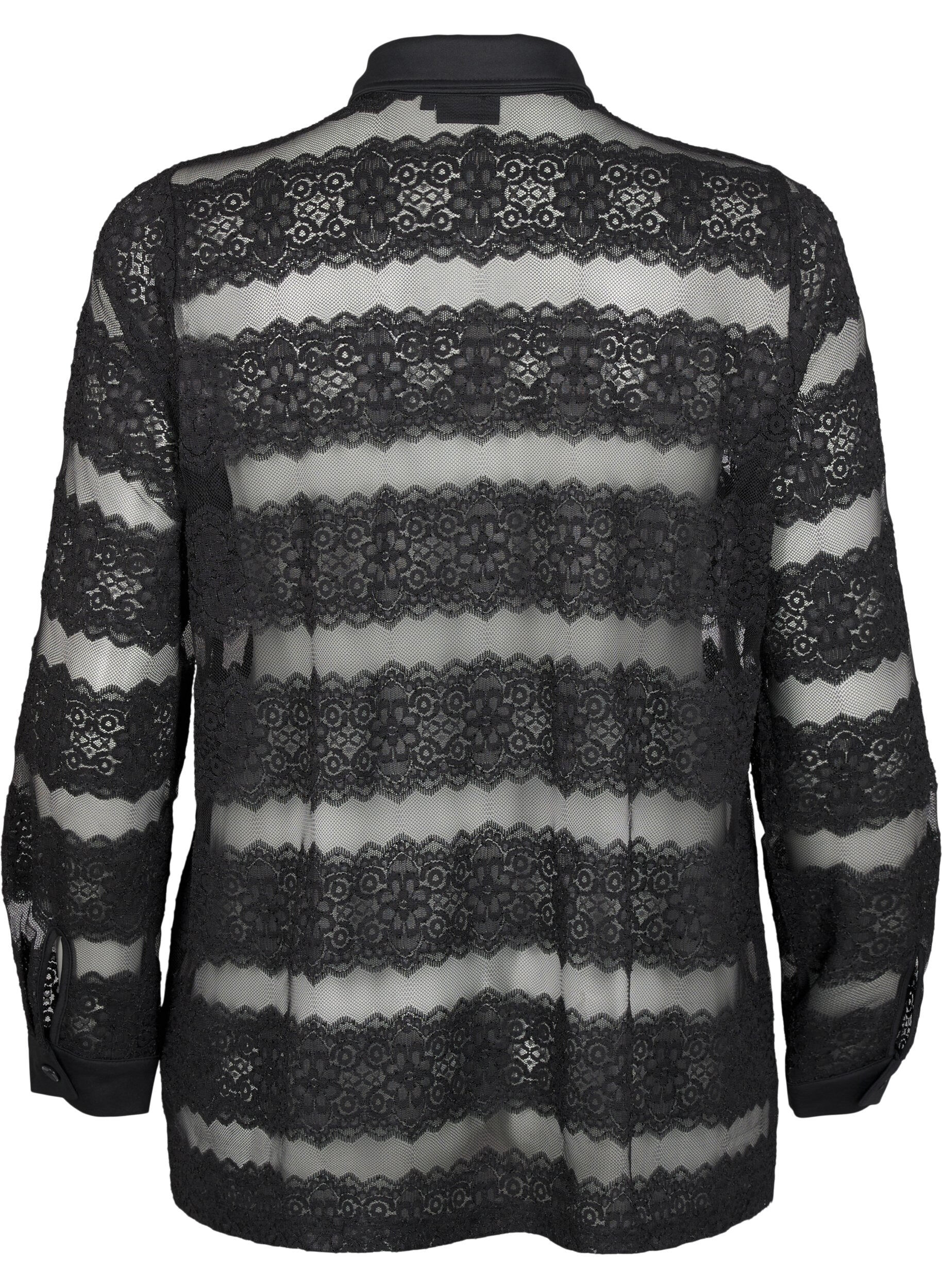 Zizzi L&oslash;s skjorte med blonder og gennemsigtigt mesh, Black, Packshot image number 1