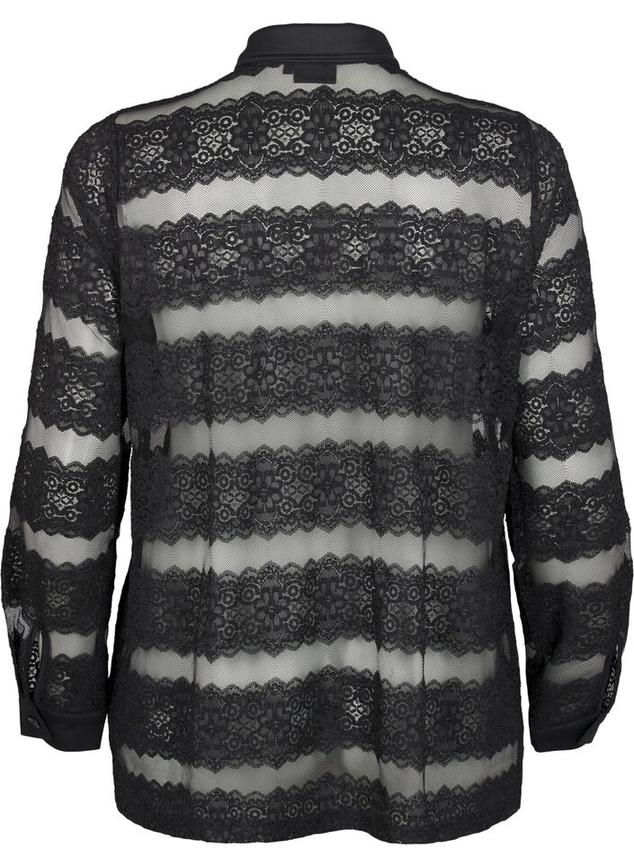 Løs skjorte med blonder og gennemsigtigt mesh, Black, Packshot image number 1