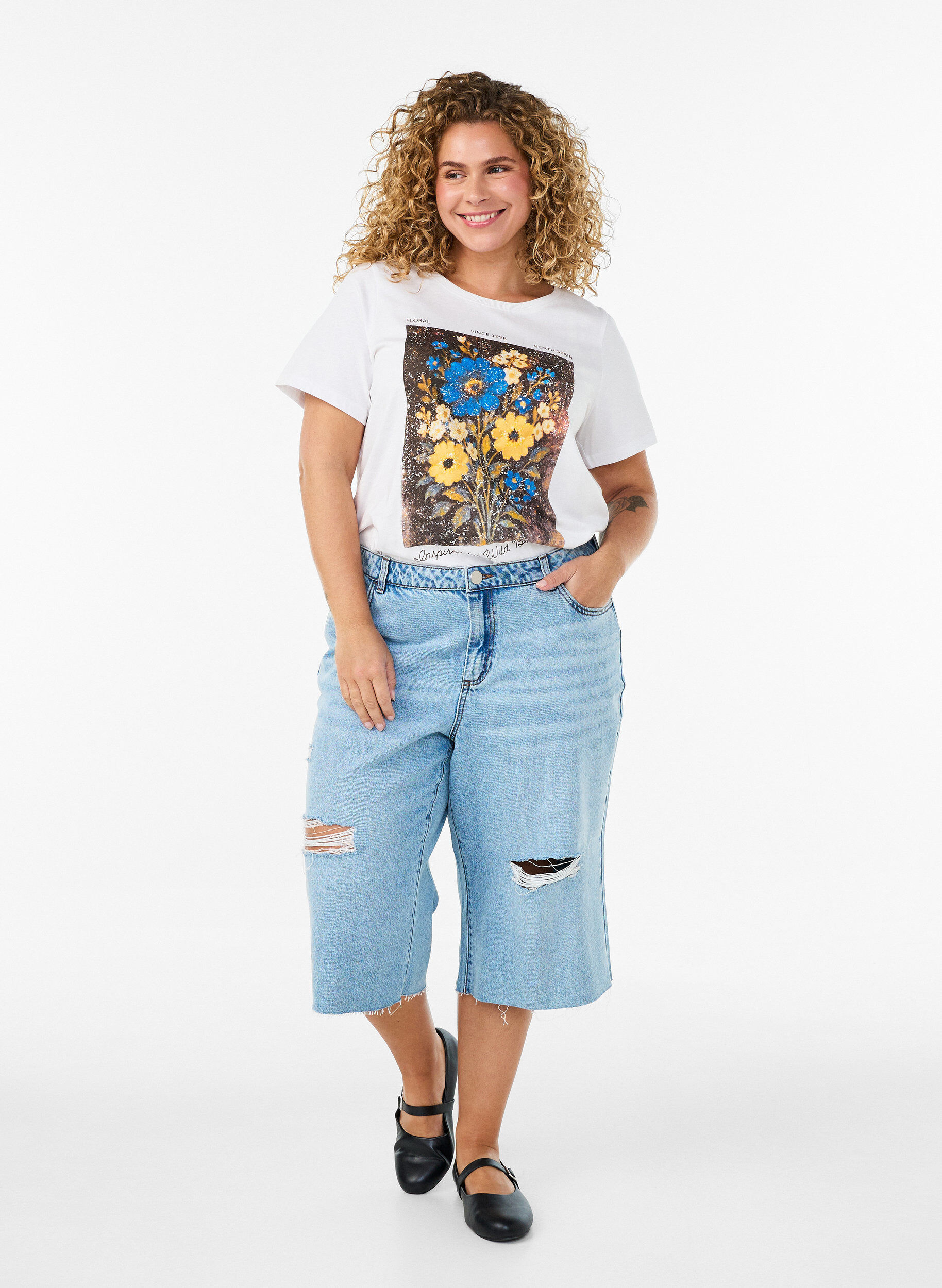 ZizziT-shirt i bomuld med print foran, Hvid, Model image number 1