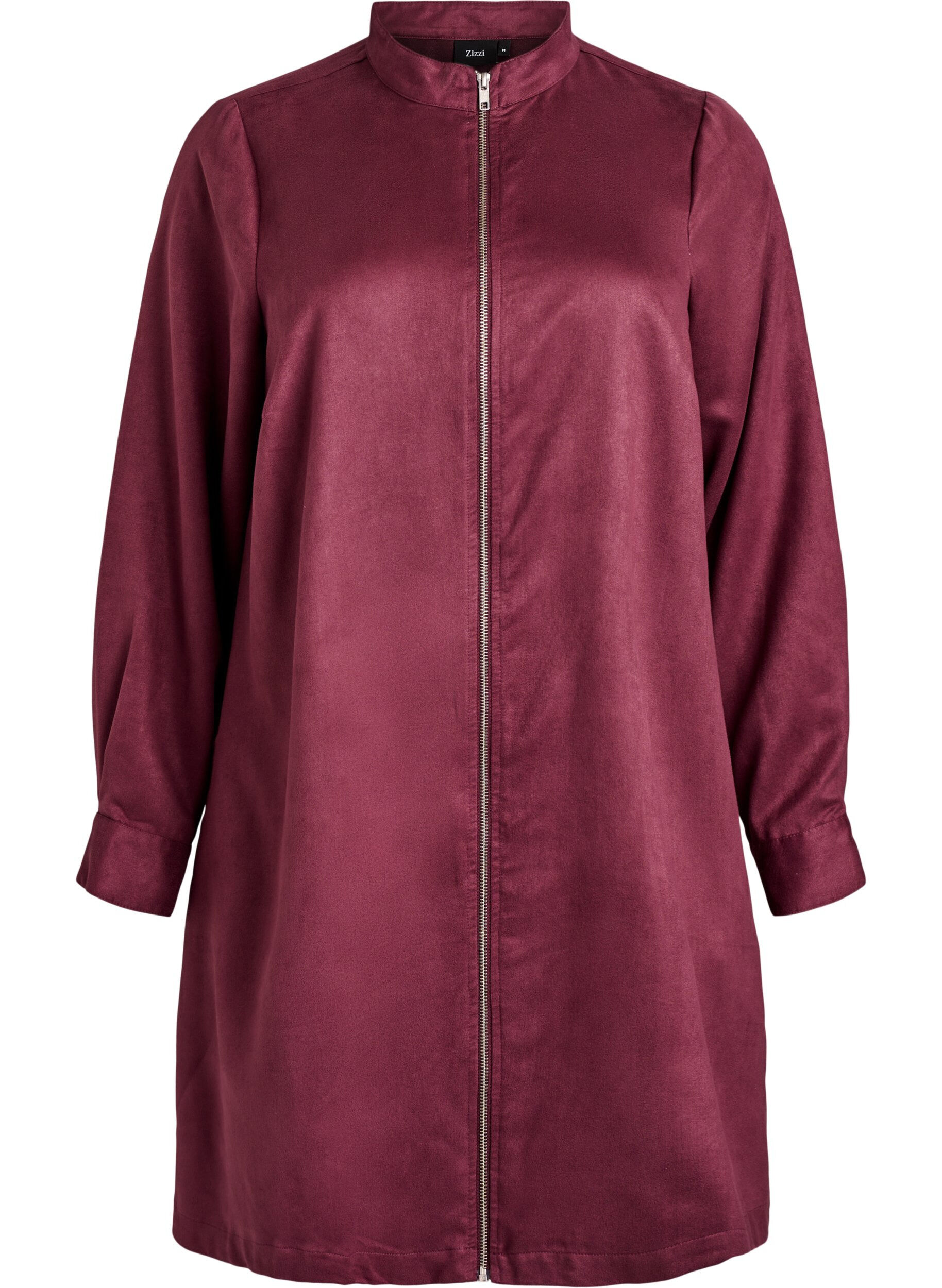 Lang skjorte i imiteret ruskind med lynl&aring;s