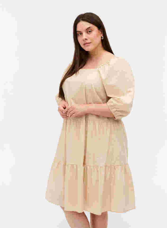 Bomulds kjole med a-form og ballonærmer, Pink Tint, Model image number 0