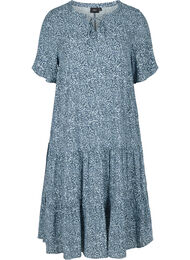 Kortærmet viskose kjole med print, Blue Flower Mix