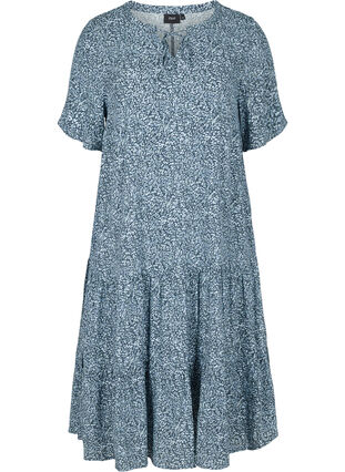 Kortærmet viskose kjole med print, Blue Flower Mix, Packshot image number 0