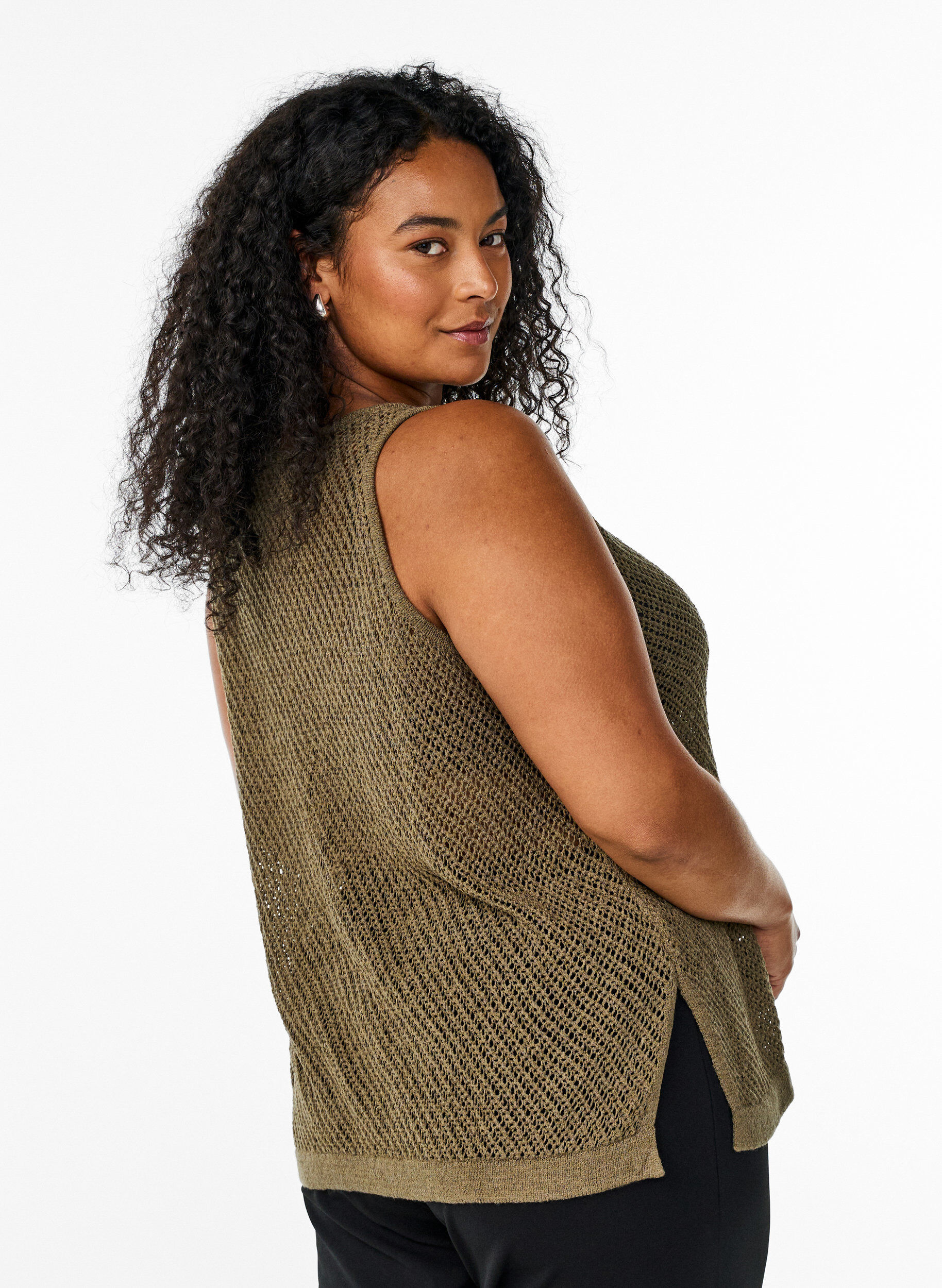 Zizzi FLASH - &AElig;rmel&oslash;s strikket top med v-hals, Gr&oslash;n, Model image number 2