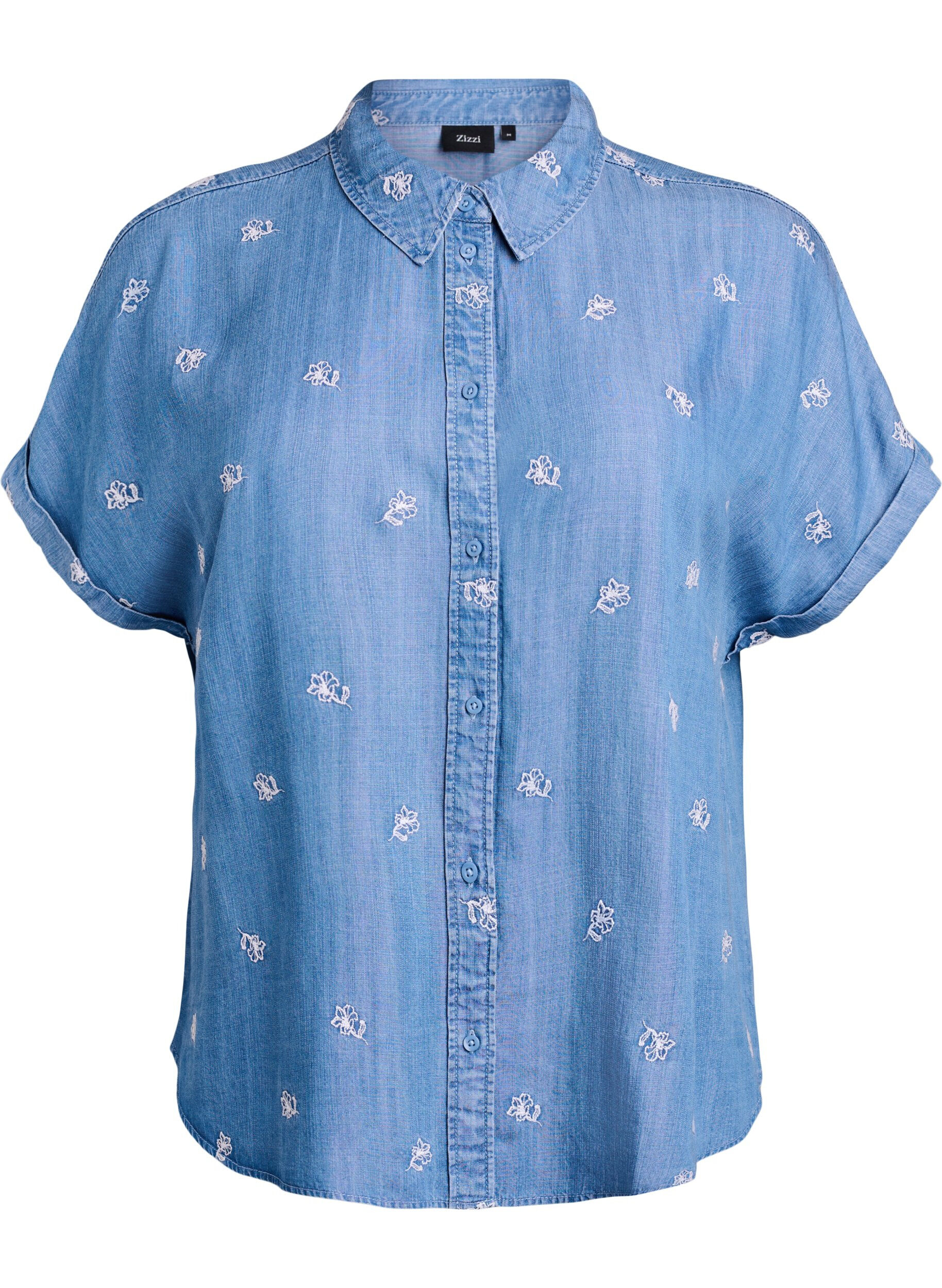 ZizziSkjortebluse i lyocell med denimlook og blomsterbroderi, Bl&aring;, Packshot image number 0