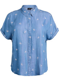 Skjortebluse i lyocell med denimlook og blomsterbroderi, Bl&aring;