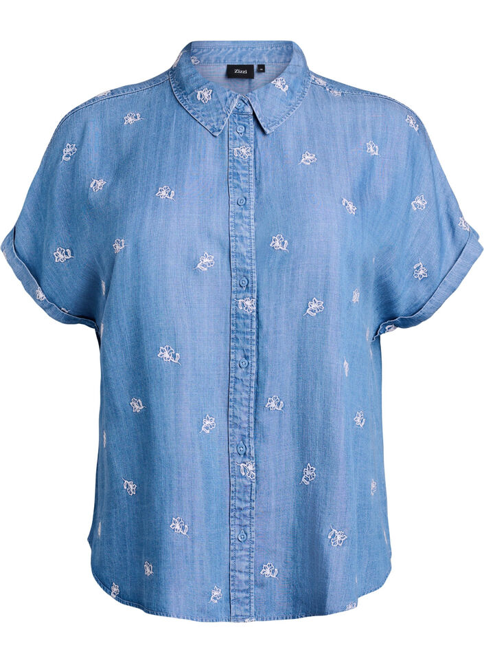 Skjortebluse i lyocell med denimlook og blomsterbroderi, Bl&aring;, Packshot image number 0
