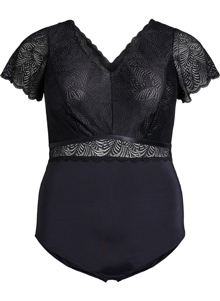 Bodystocking med blonder og korte ærmer, Sort, Packshot image number 0