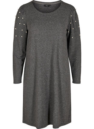 Kjole med lange pufærmer og perler, Dark Grey Melange, Packshot image number 0