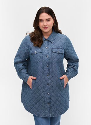 Mønstret jakke med knapper og lommer, Blue denim, Model image number 0
