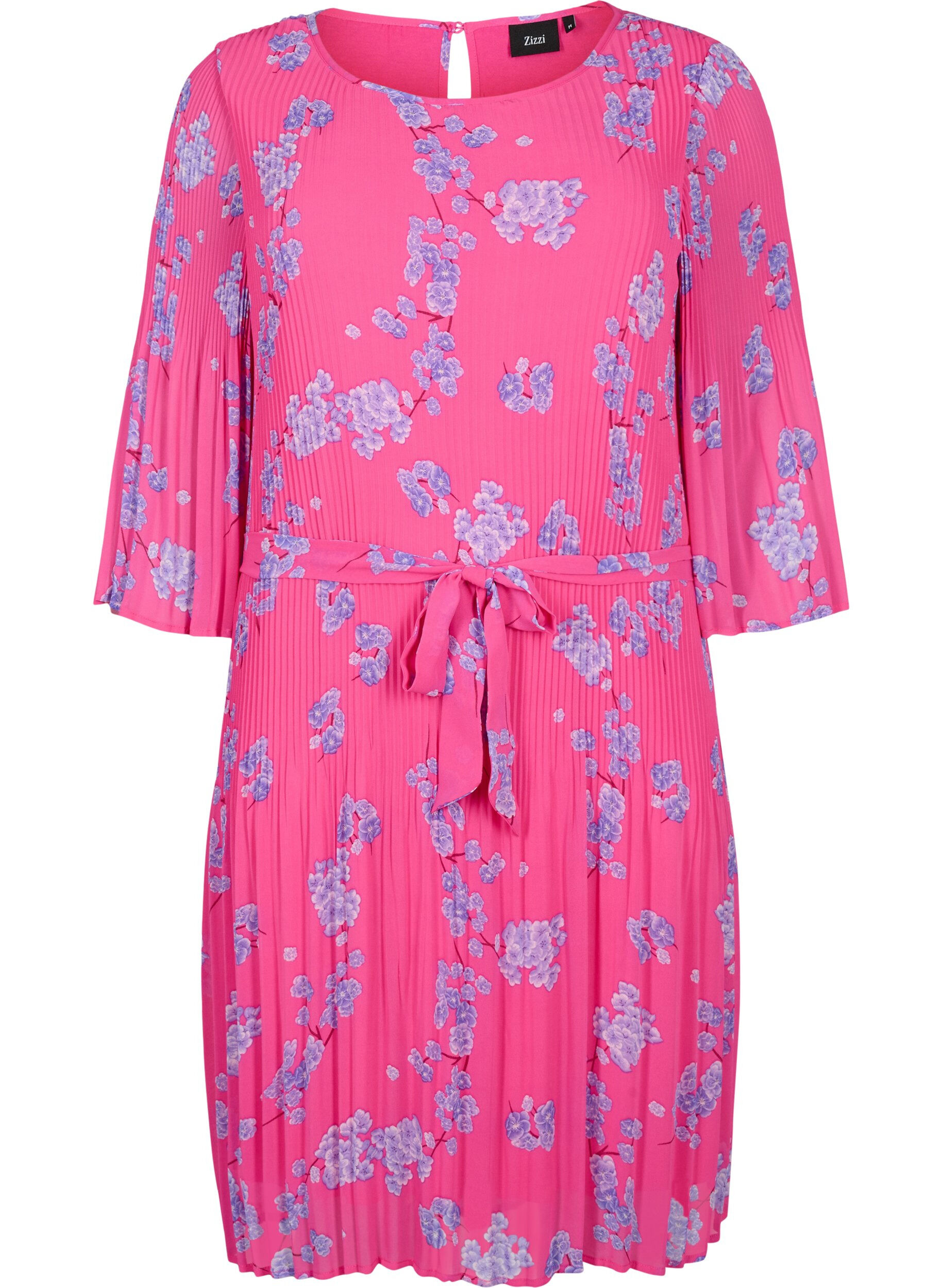 Zizzi Printet pliss&eacute;kjole med bindeb&aring;nd, Beetroot Purple AOP, Packshot image number 0