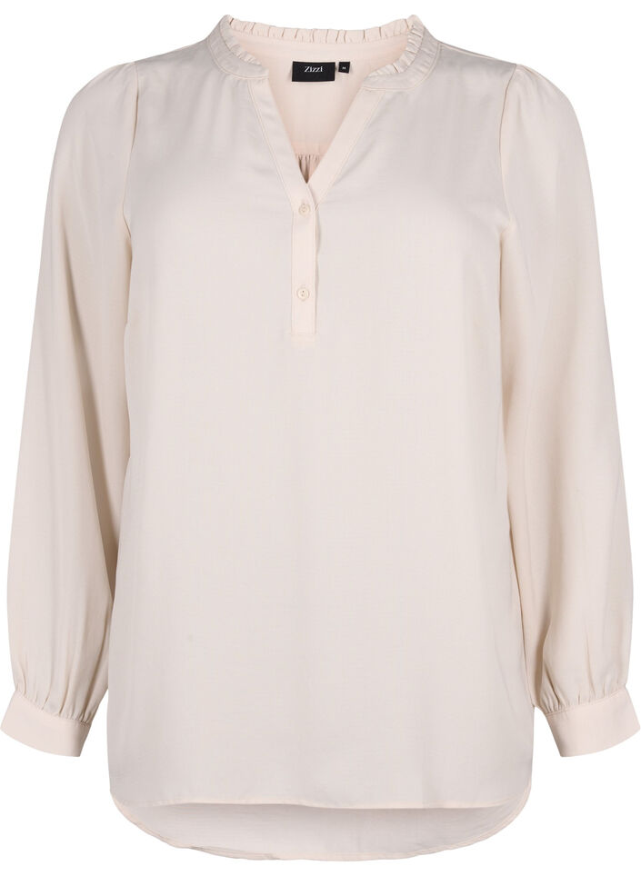 Langærmet bluse med v-udskæring, Warm Off-white, Packshot image number 0