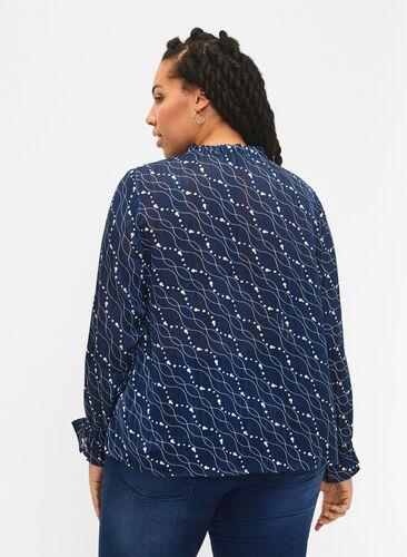 Langærmet bluse med flæser og print, Dress Bl. Swirl AOP, Model image number 1