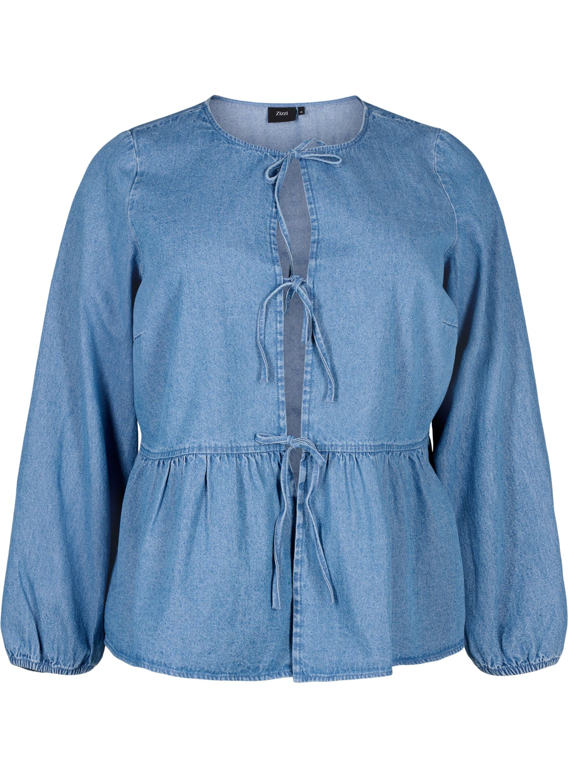 Zizzi Peplum bluse i denim med bindelukning, Light Blue Denim, Packshot image number 0