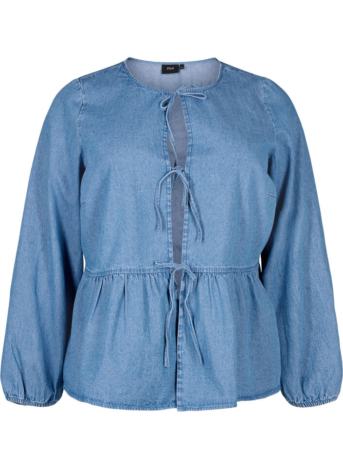 Peplum bluse i denim med bindelukning, Light Blue Denim, Packshot image number 0