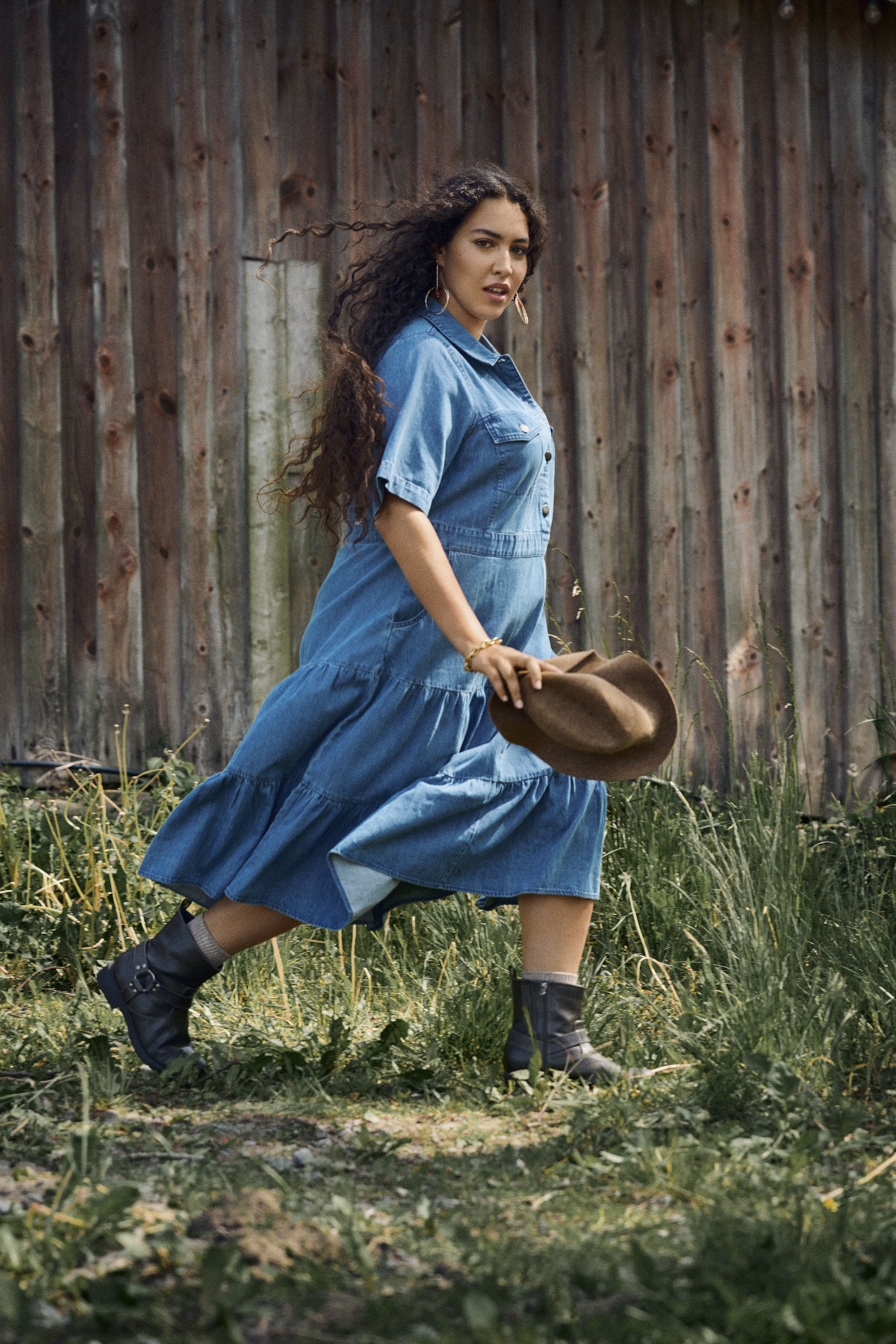 Midi-kjole i denim, , Model