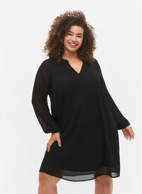 Langærmet kjole med v-hals, Black, Model
