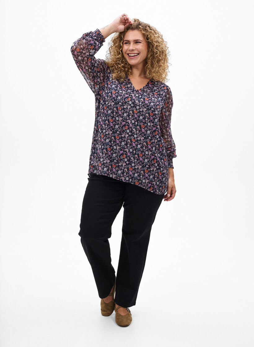 Bluse med blomsterprint og glittertr&aring;d, Bl&aring;, Model image number 1