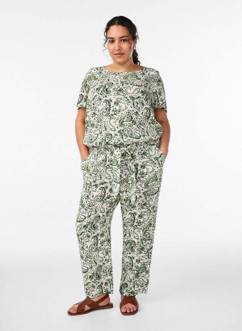 Kort&aelig;rmet bluse i viskose med print, Gr&oslash;n, Model image number 1