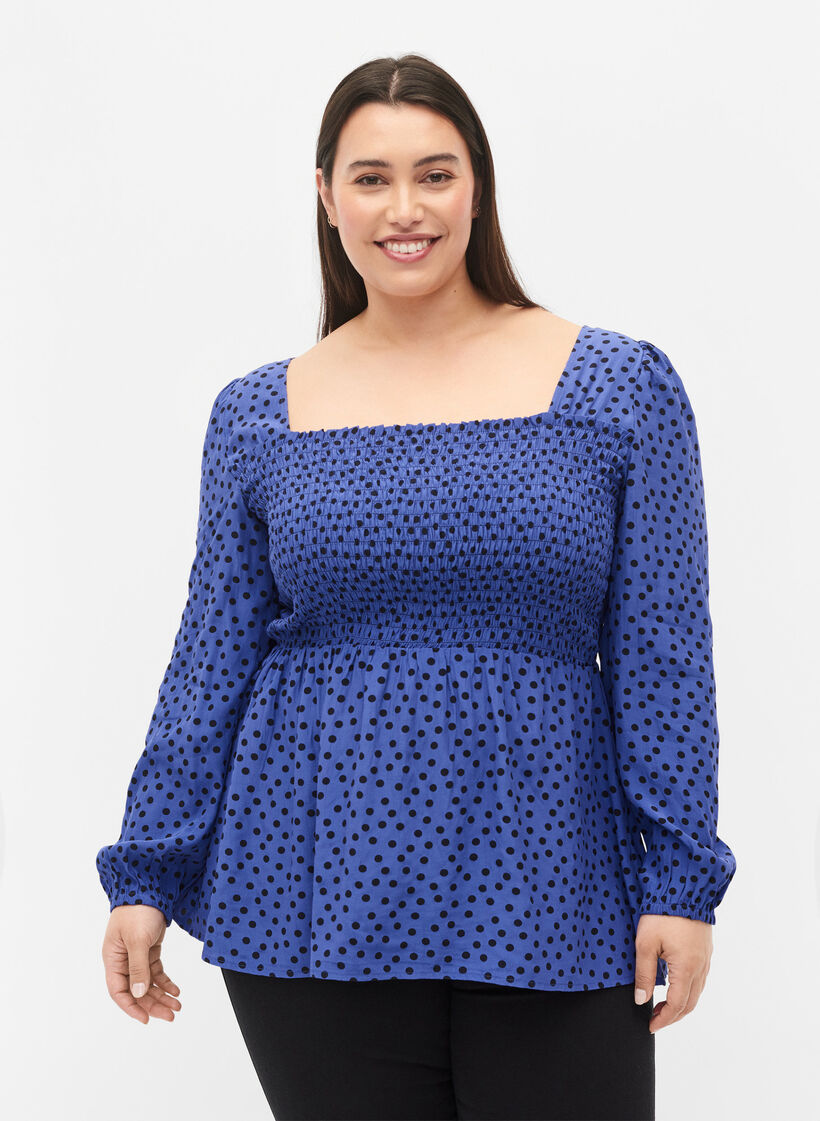 Prikket viskosebluse med smock, R.Blue w. Black Dot, Model image number 0