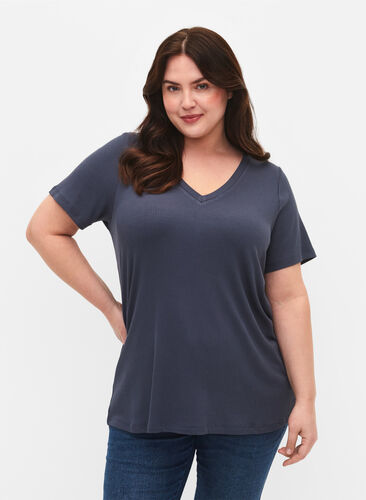 Viskose t-shirt med rib og v-hals, Umbre Blue , Model image number 0