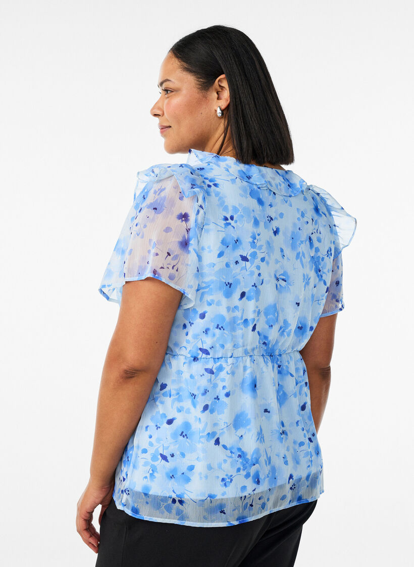 Blomstret bluse med fl&aelig;sekrave og peplum-effekt, Bl&aring;, Model image number 2