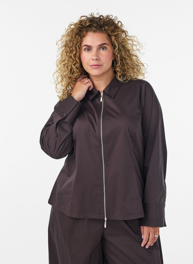 Kort skjorte med tovejslynl&aring;s, Brun, Model image number 0