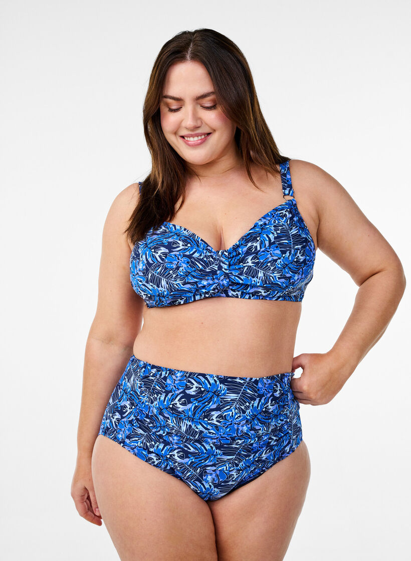 H&oslash;jtaljet bikinitrusse med bladprint, Bl&aring;, Model image number 0
