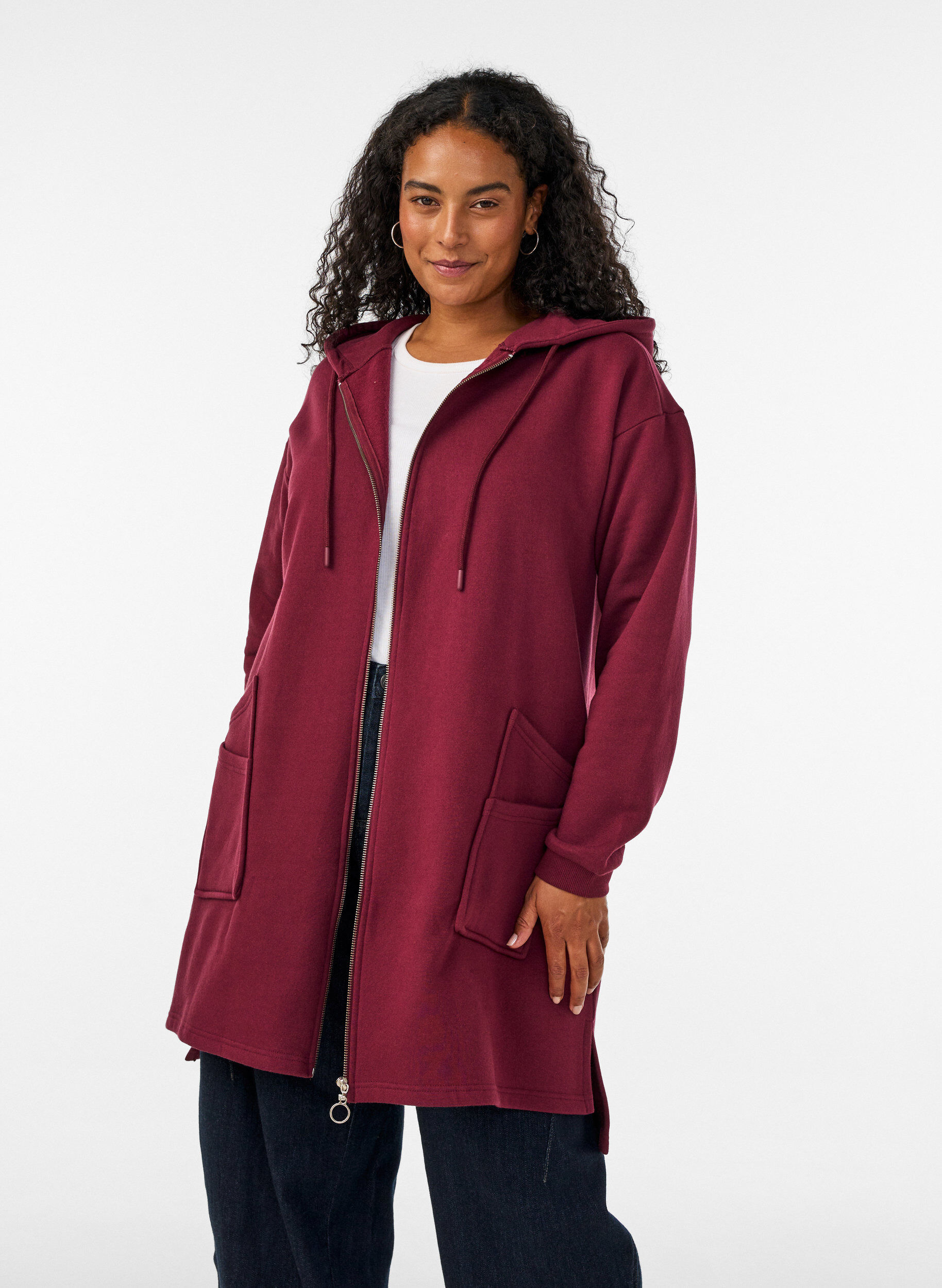 Lang hoodie-cardigan med lynl&aring;s, R&oslash;d, Model