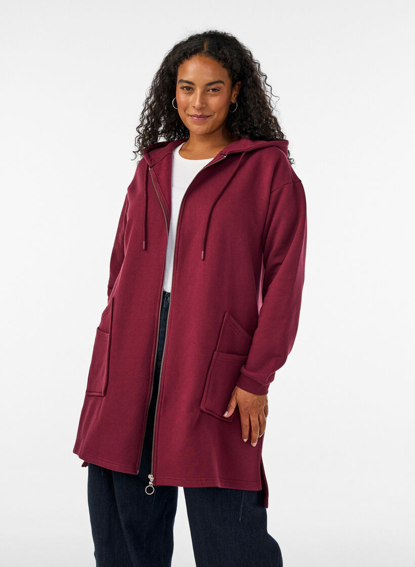 Lang hoodie-cardigan med lynl&aring;s, R&oslash;d, Model image number 0