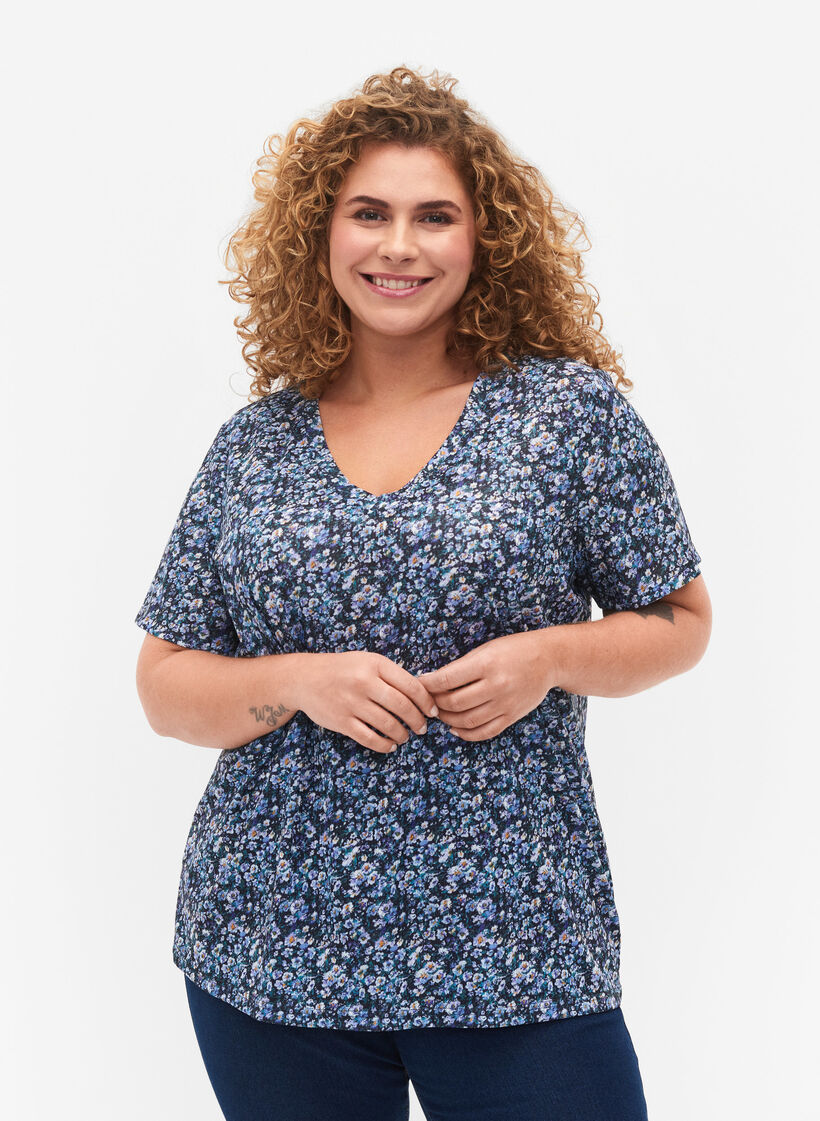 FLASH - Printet t-shirt med v-hals, Blue Green Ditsy, Model image number 0