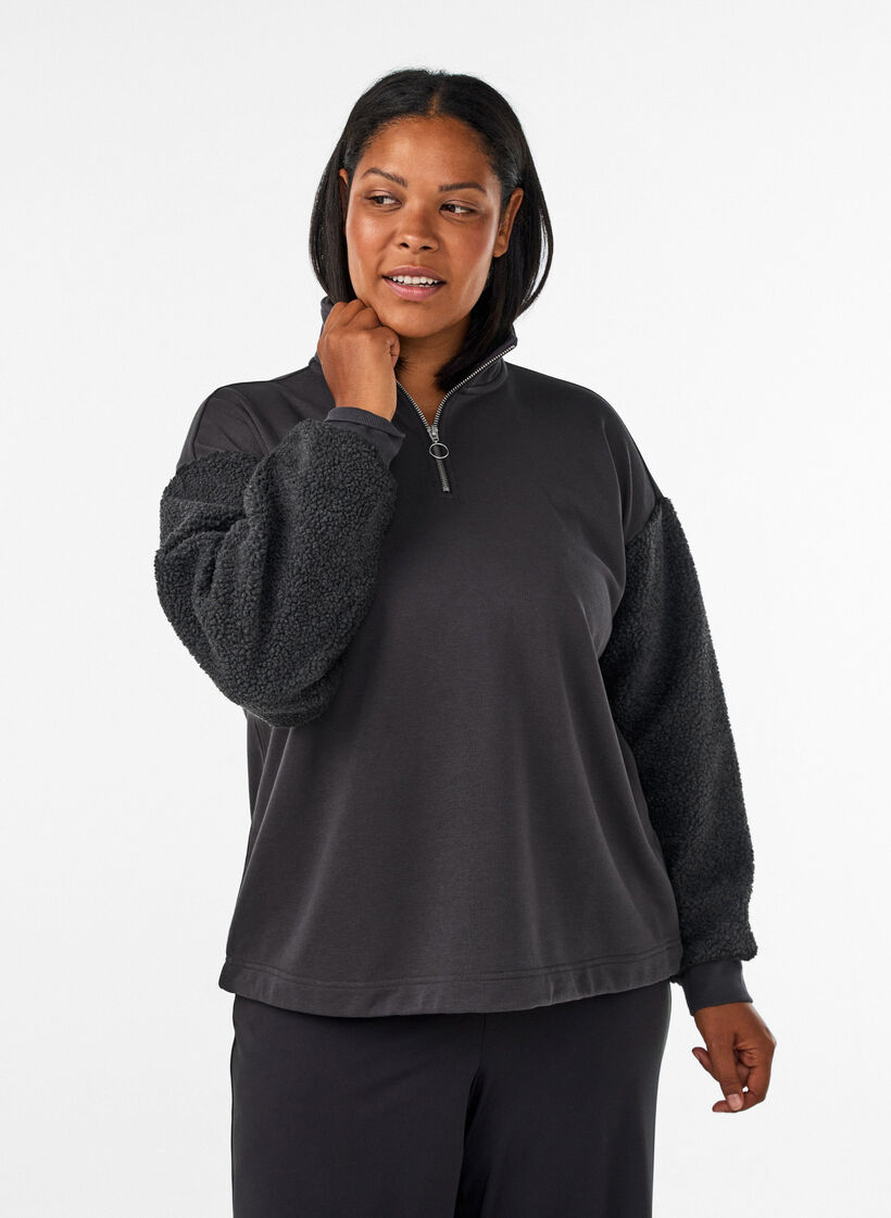 Sweatshirt med teddy&aelig;rmer og h&oslash;j hals, Gr&aring;, Model image number 0