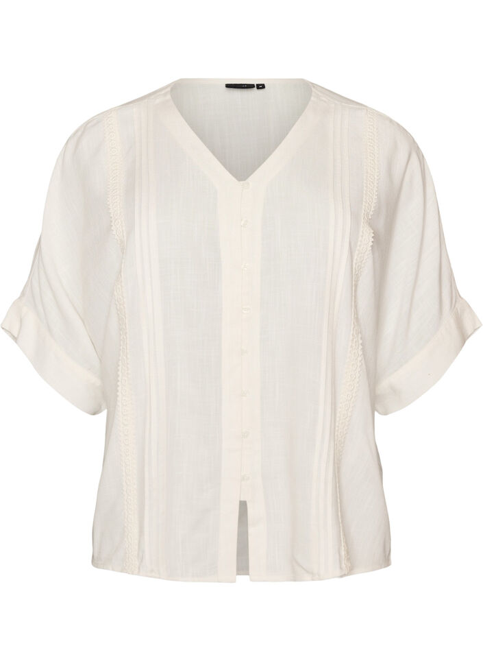 Bluse i viskose med crochetb&aring;nd og knapper, Vanilla, Packshot image number 0