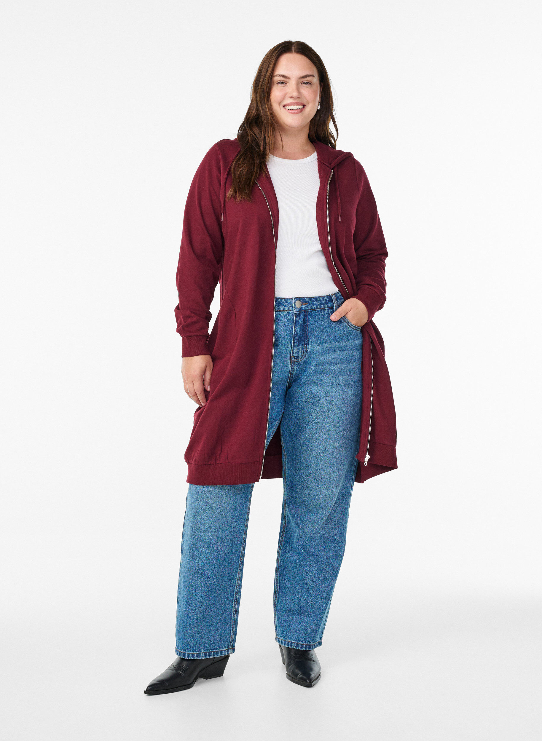 Zizzi Lang bomulds sweat cardigan med h&aelig;tte, M&oslash;rk Bordeaux, Model image number 1