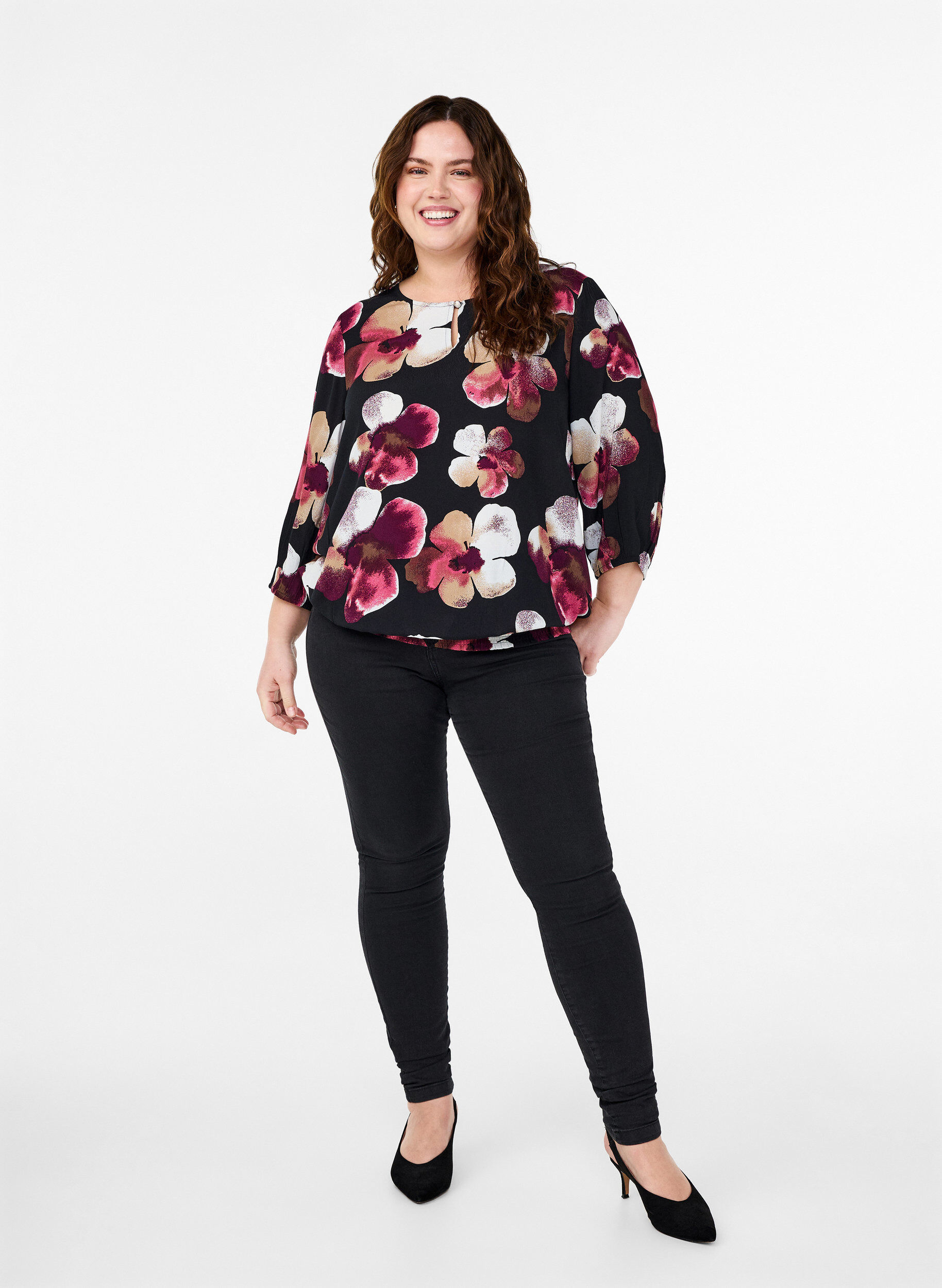 Zizzi Viskosebluse med print og smock, Sort, Model image number 1