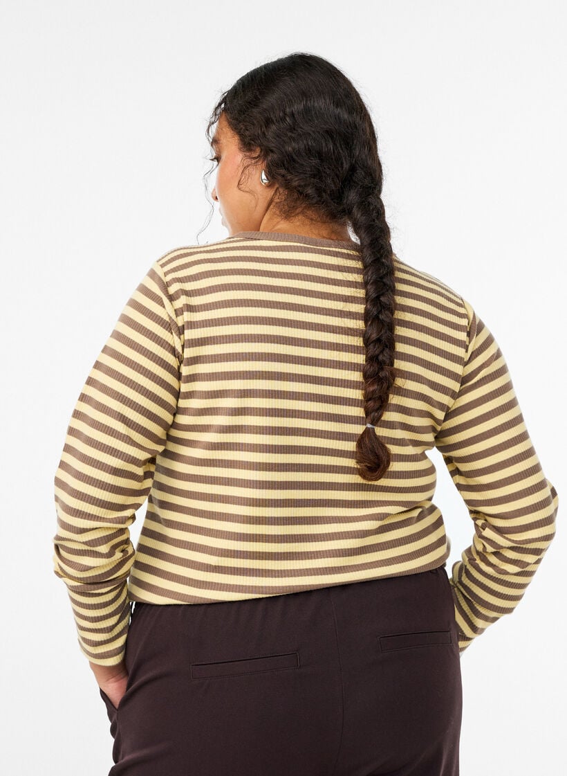 Stribet bluse med lange &aelig;rmer, Brun, Model image number 2
