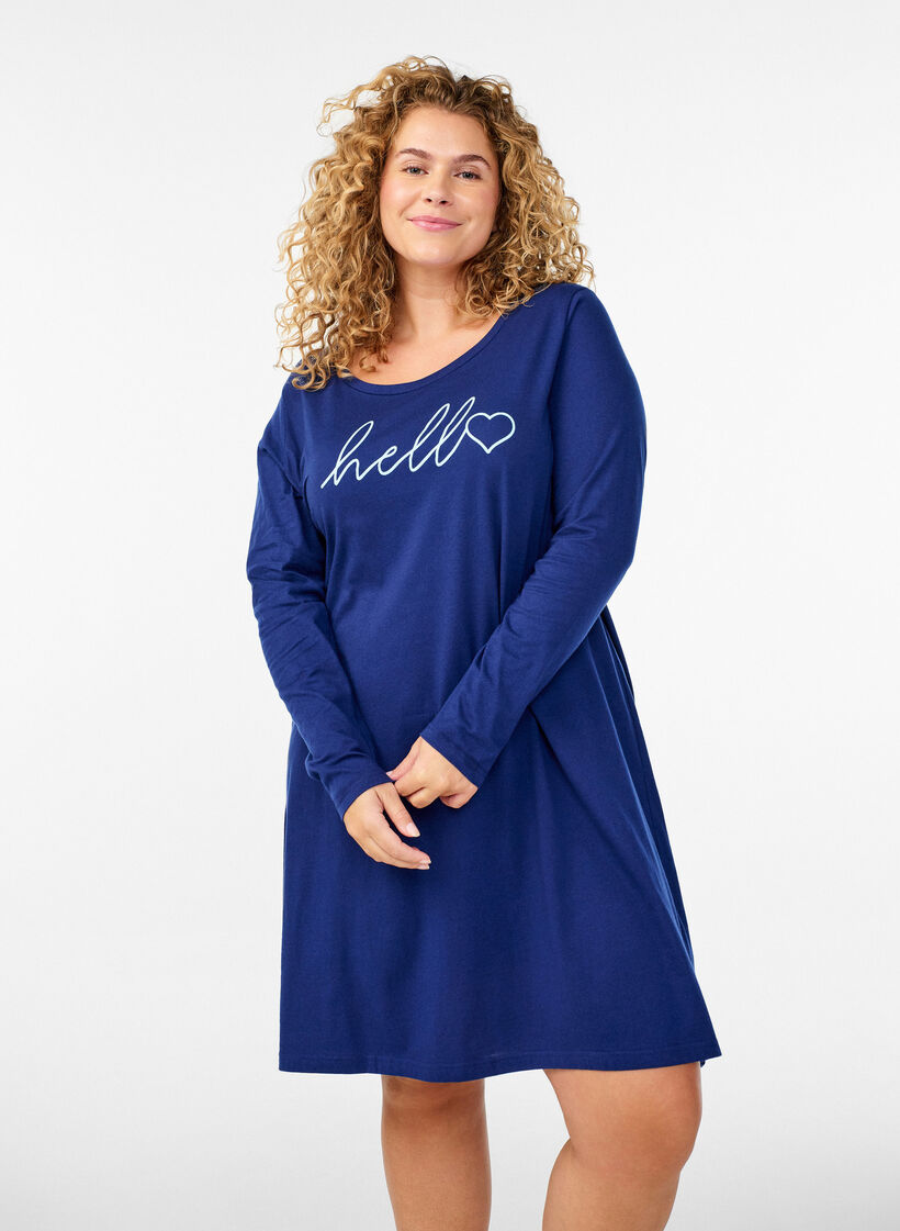 Lang&aelig;rmet natkjole i &oslash;kologisk bomuld, Bl&aring;, Model image number 0