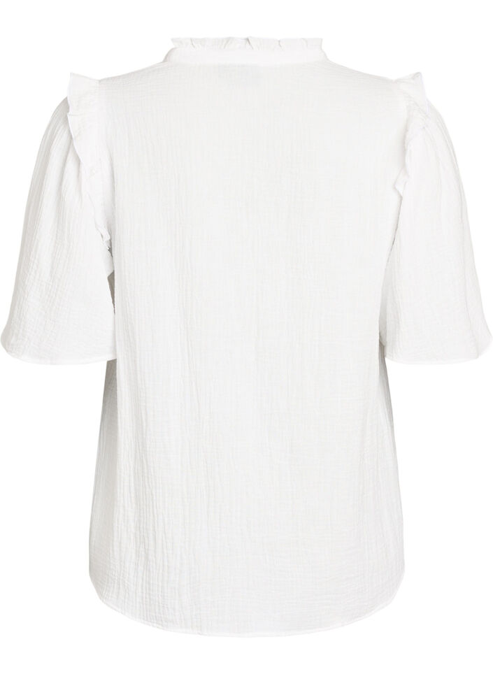 Bluse i bomuldsmusselin med broderie anglaise og 1/2 &aelig;rmer, Hvid, Packshot image number 1