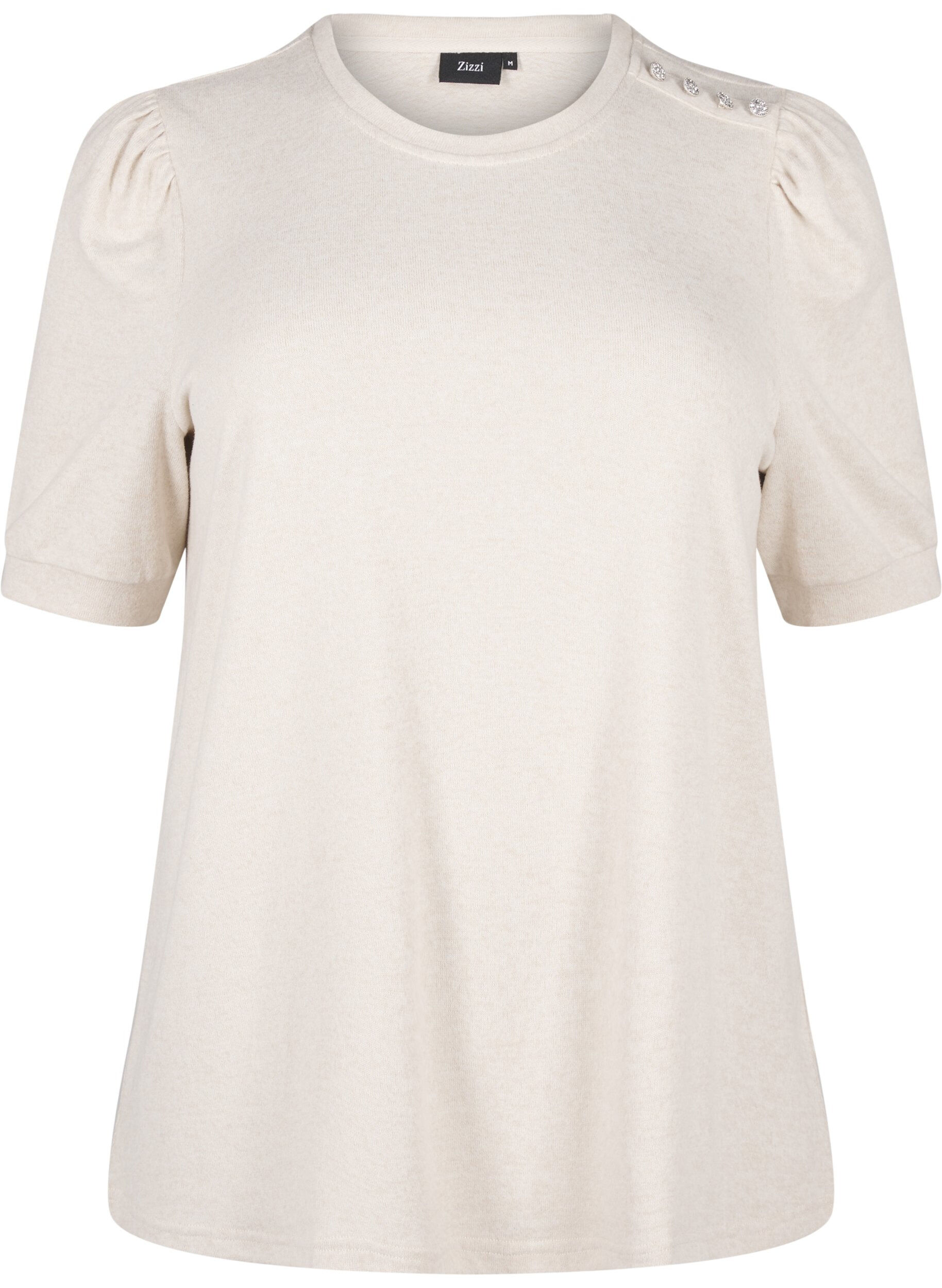 Zizzi Bluse med knapdetalje og korte puf&aelig;rmer, Beige, Packshot image number 0