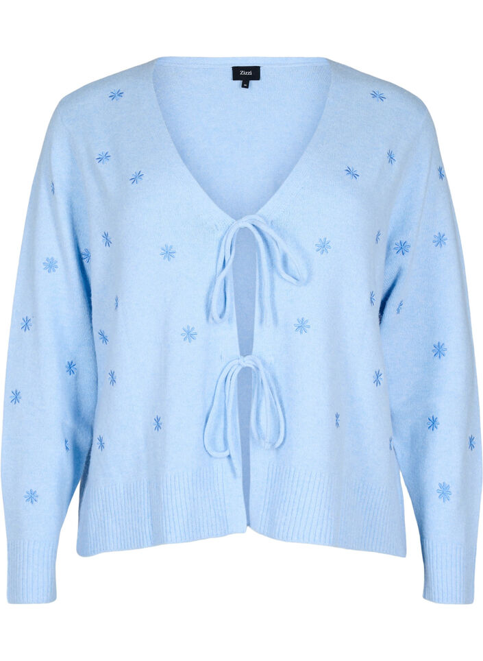 Strikket cardigan med bindedetaljer og broderi, Cashmere Blue Comb, Packshot image number 0