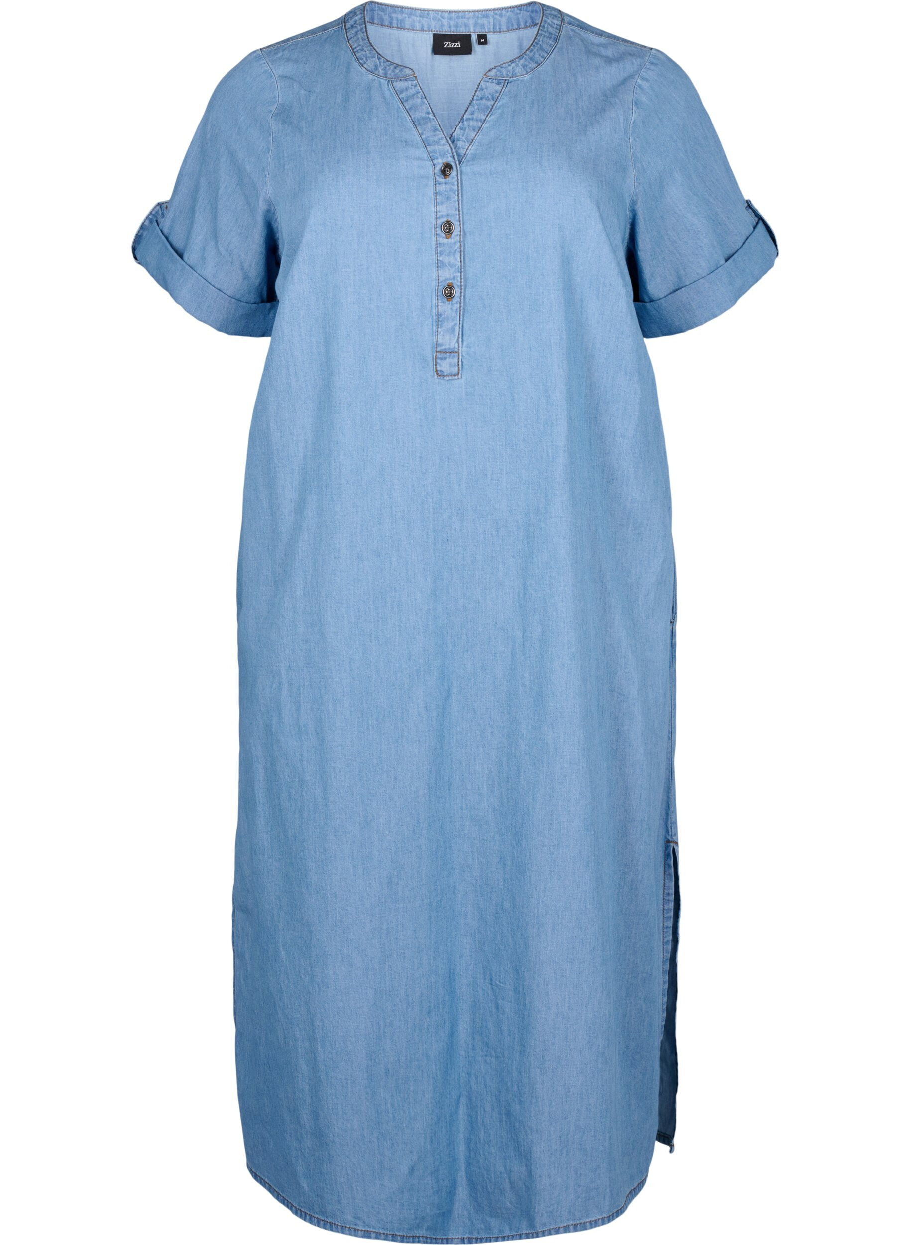Zizzi Denimkjole med slids og korte &aelig;rmer, Blue denim, Packshot image number 0
